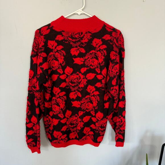 Vintage Rainbow Ridge Pixelated Floral Rose Sweater Size Medium Red & Black - Picture 5 of 5